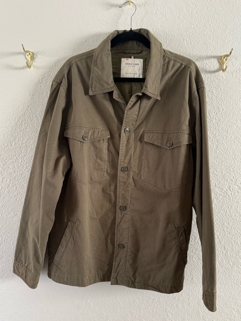 Denim & Flower Men’s XL Army Green Utility Military Jacket Button Front Pockets